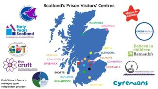 A map of prison visitors centres, at Inverness, Grampian, Perth, Glenochil, Polmont, Edinburgh, Addiewell, Dumfries, Kilmarnock, Barlinnie, Shotts, Greenock, Low Moss and Stirling.